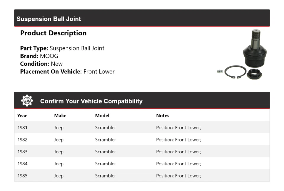 Rótula de suspensión delantera inferior MOOG 1981-1985 Jeep Scrambler 1981-1985 Foto 2 de 4
