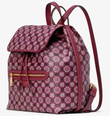 Kate Spade Flower Monogram Mia Flap Backpack NWT Garnet Rose K9028 $348 MSRP FS