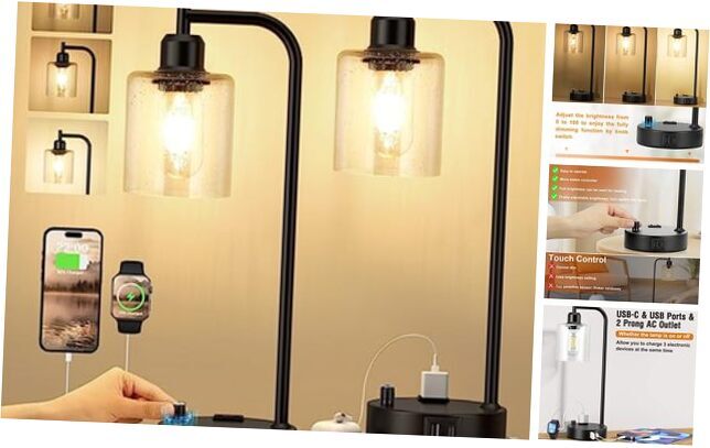 Industrial Table Lamps for Bedrooms Set of 2 - Fully Dimmable Seeded Clear