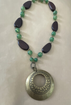Avon SAQ Women Necklace 16''+ Green Brown Beads Brass Medallion Pendant Boho