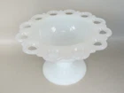 Vintage White Milk Glass Scalloped Open Lace Edge Pedestal Candy Dish 5”