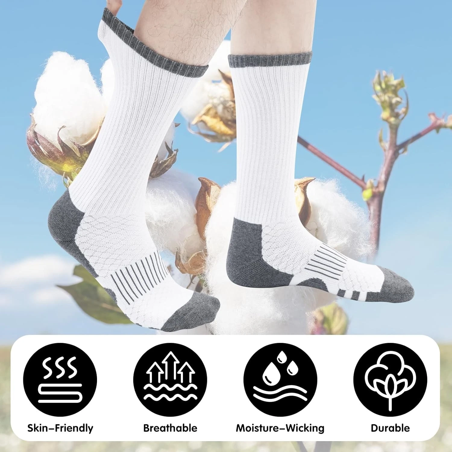 5 Pairs Mens White Cotton Cushioned Crew Athletic Boot Work Socks Medium-Large