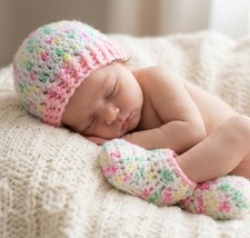 Newborn Cap With Booties Unisex Multicolor Crochet Baby Shower/Homecoming Gift