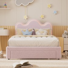 Twin/Full Bed Frame ,Boucle LED Platform Bed Frame w/Headboard and Drawer ,Girls