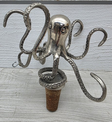 Octopus Wine Bottle Stopper Topper Metal Vintage Silver Toned Cork