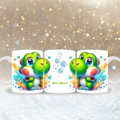 Tasse Yoshi mit Namen personalisierbar, Super Mario Geschenke, Keramiktasse Büro