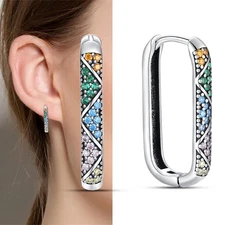 PANDACH 925 Sterling Silver Colorful CZ Geometric U-Shaped Hoop Earrings Womens