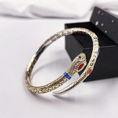 14 Two-Tone Gold Over Snake Adjustable Enamel Floral Bangle Bracelet