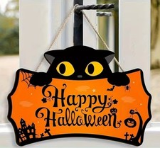 Happy Halloween Black Cat Welcome Door Wooden Sign Decor, Halloween Black Cat