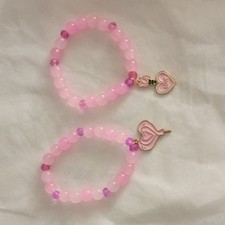 Pink Beaded Stretch Bracelets with Heart Charms for Girls, Love Theme