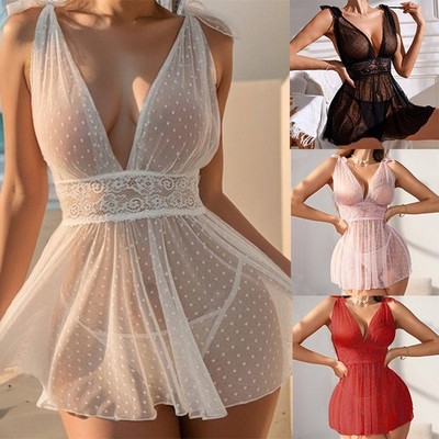 Sexy Sleepwear Tempting Backless Lace Dot Mesh Transparent Camisole Night Skirt