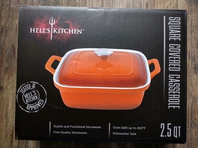 Hells Kitchen Red White Ceramic Bakeware Square Covered Casserole Cooking Dish 