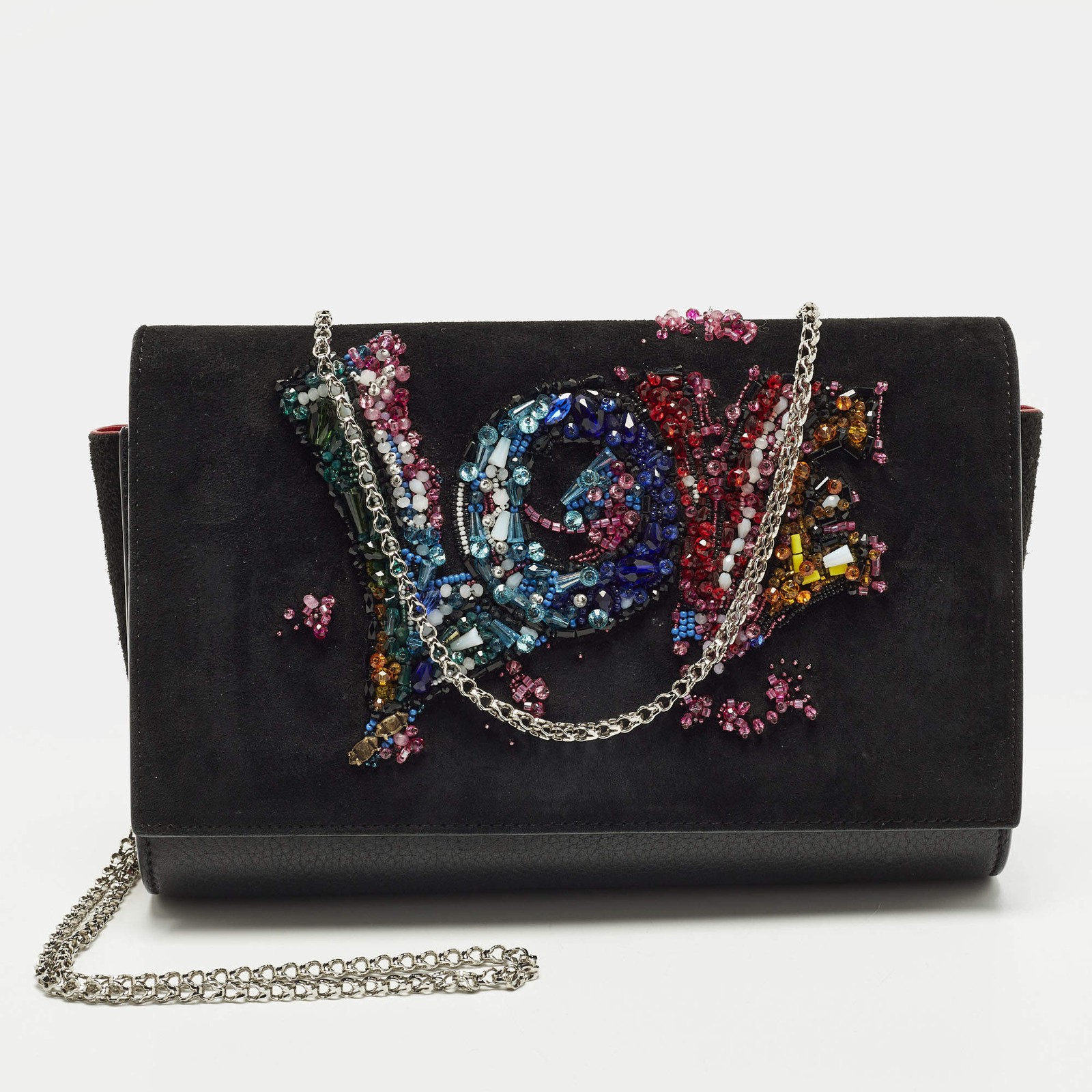 Christian Louboutin Paloma Love Embellished Leather and Suede Chain Clutch