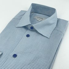 Eton Shirt Mens Small Blue Check Slim Fit Brighton Cotton Dress Long Sleeve