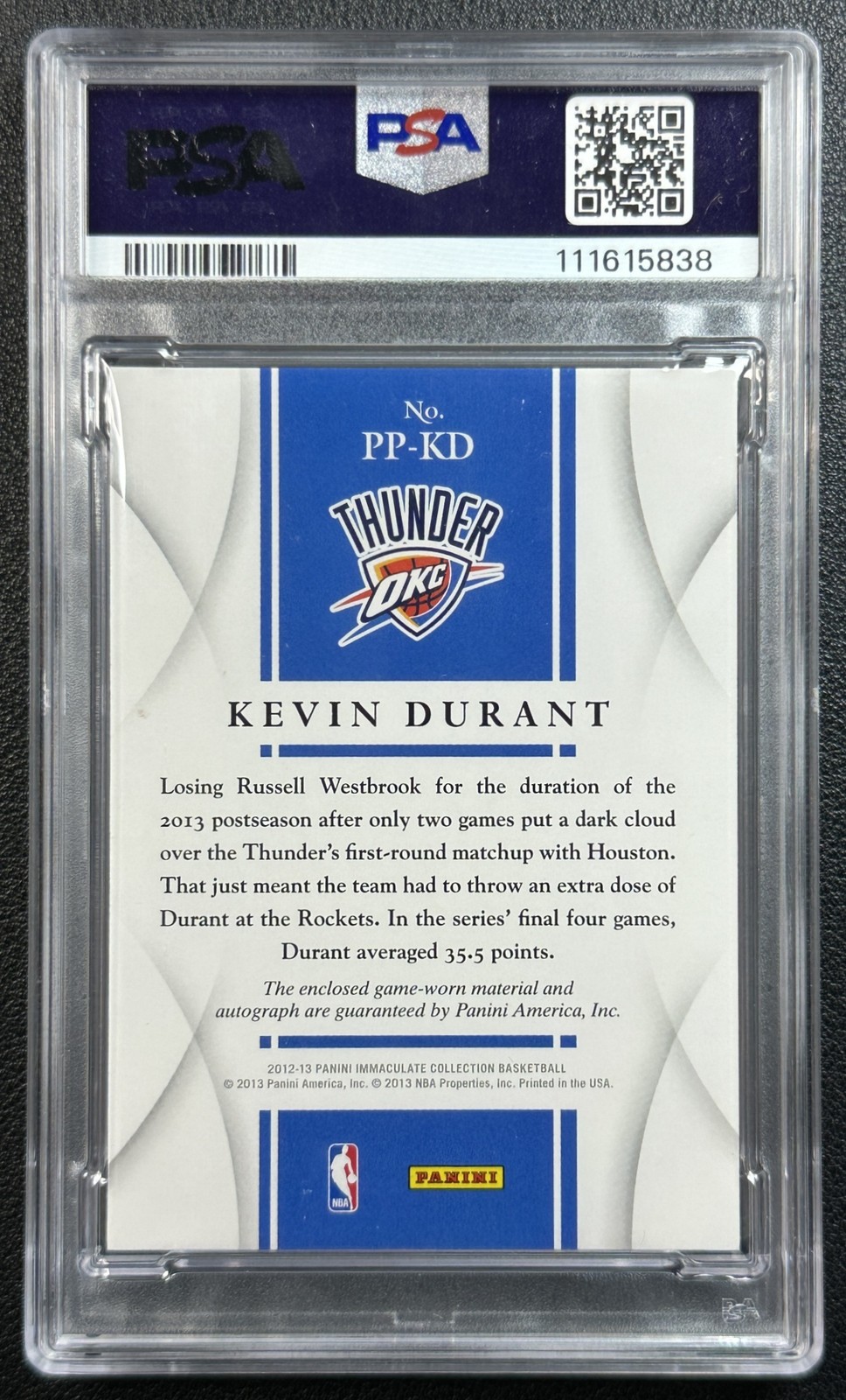 KEVIN DURANT PSA AUTH 2012 PANINI IMMACULATE PREMIUM GU OKC PATCH AUTO RED 5/25 view 2
