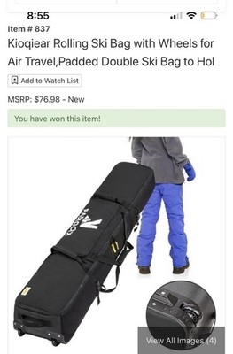 Kioqiear Rolling Padded Double Ski Bag Black Fits Skis up to 190cm