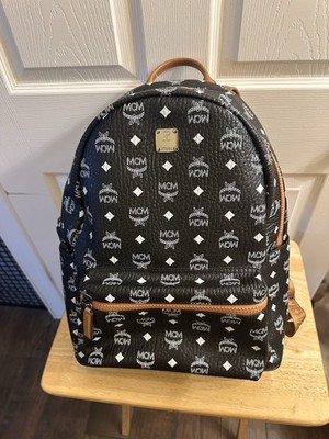 New MCM Stark Visetos Leather Black Brown Side Studs Backpack Authentic $935
