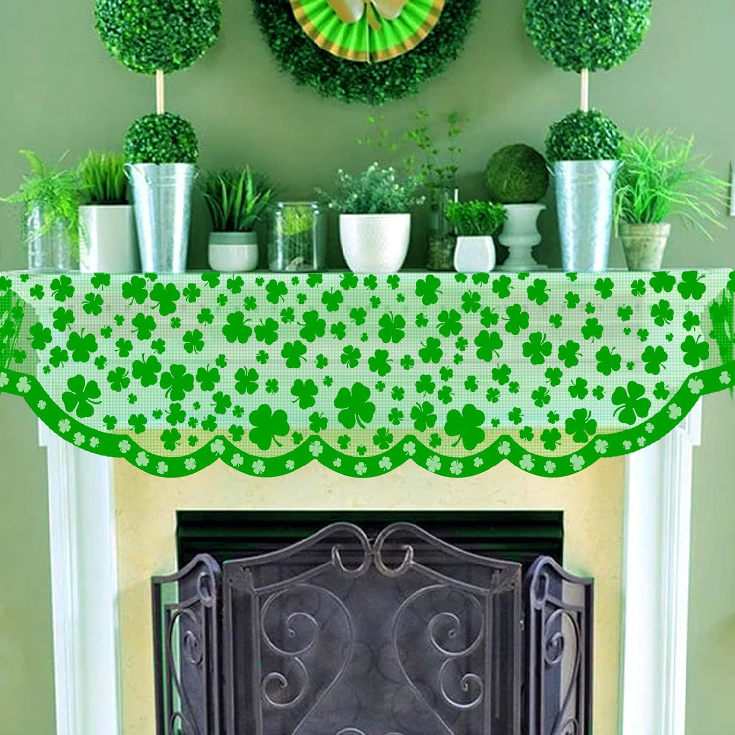 Green Shamrock Mantle Scarf for Fireplace - St Patricks Day Fireplace Cover Deco