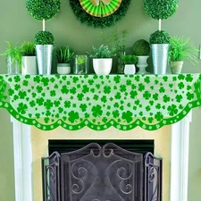 Green Shamrock Mantle Scarf for Fireplace - St Patricks Day Fireplace Cover Deco