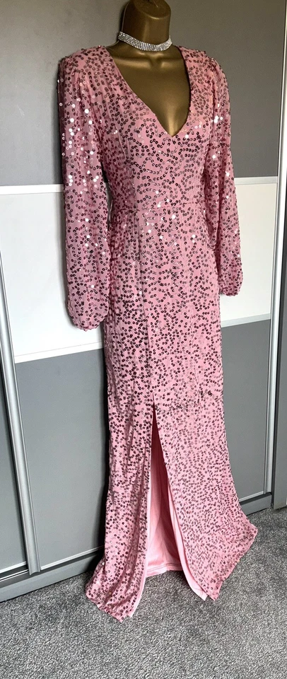 Elegante Maxi Vestido Rosa Lentejuelas Noche Crucero Boda Fiesta Baile de graduación Cóctel Talla 10 Foto 2 de 4