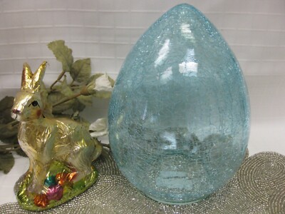 Blue Crackle Glass Easter Egg Table Top Decor 8" Blue Crackle Glass Easter Egg Table Top Decor 8"