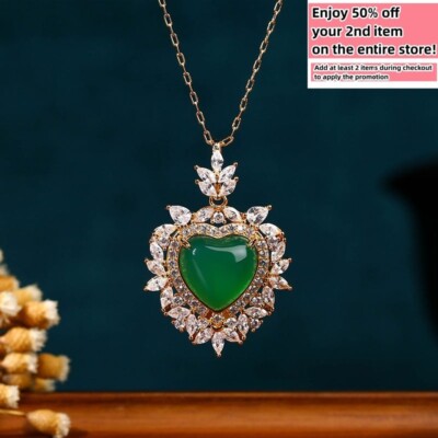 Green Jade Crystal Heart Pendant Necklace Charm 18K Gold Plated Chain Gemstone