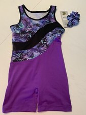 NWT Danskin Girls Sz S Leotard w Hair Band Dance Gymnastics Shorts Purple Black