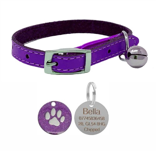 Leather Cat / Kitten Pet Collar, Safety Elastic, Bell & Engraved Paw Print Tag - Picture 10 of 11