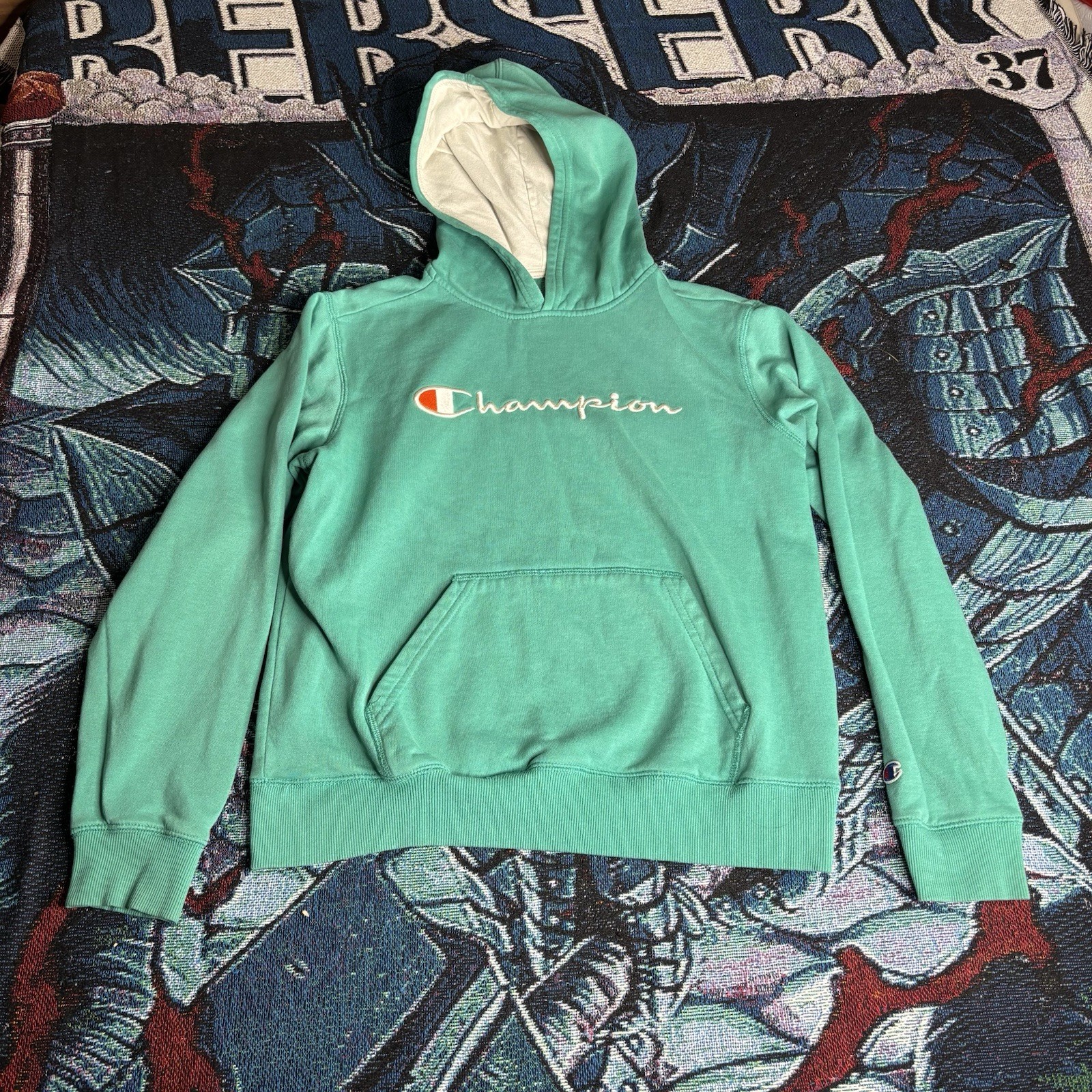 Kids Turquoise Champion Hoodie Size XL Good Condition
