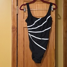Vintage Robby Len Swimsuit Size 14 Black Abstract Graphic Piping Monokini 90s