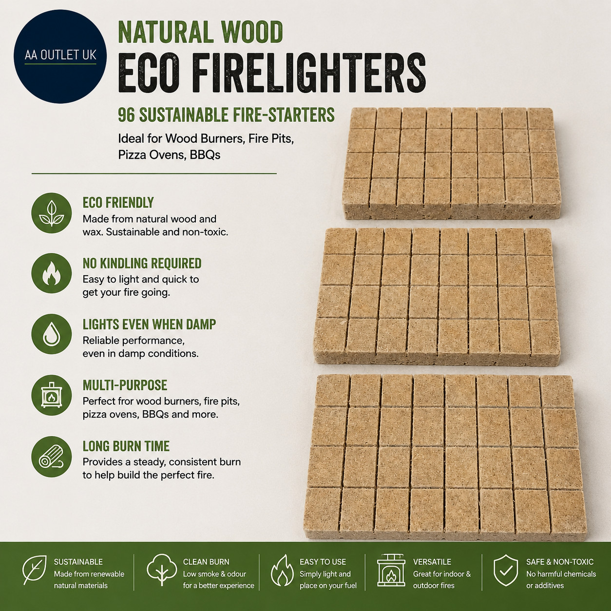 Natural Wood Eco Firelighters 96 Sustainable Fire Starters Ideal Burners