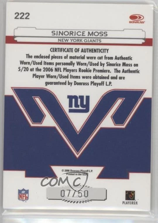 2006 Leaf Certified Materials Mirror Blue /50 Sinorice Moss #222 Rookie RC - Image 2 of 2