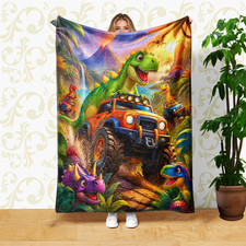 Green Dinosaur Orange Vehicle Coral Fleece Blanket Jungle Volcano Scene