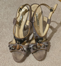 Oscar de la Renta Brown Fabric Beaded Rhinestone Open Toe Slingback Heels 7