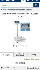 Uline Washdown Platform Scale 100 lb x 0.02 lb Stainless NTEP Certified H-5836