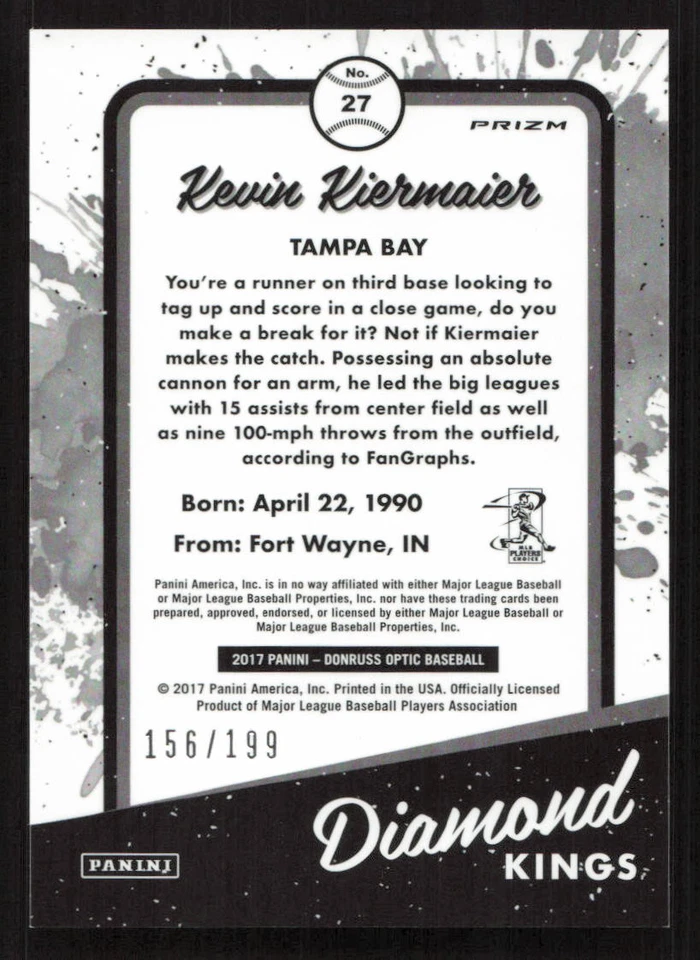 2017 Donruss Optic Kevin Kiermaier Orange #/199 #27 Card - Image 2 of 2