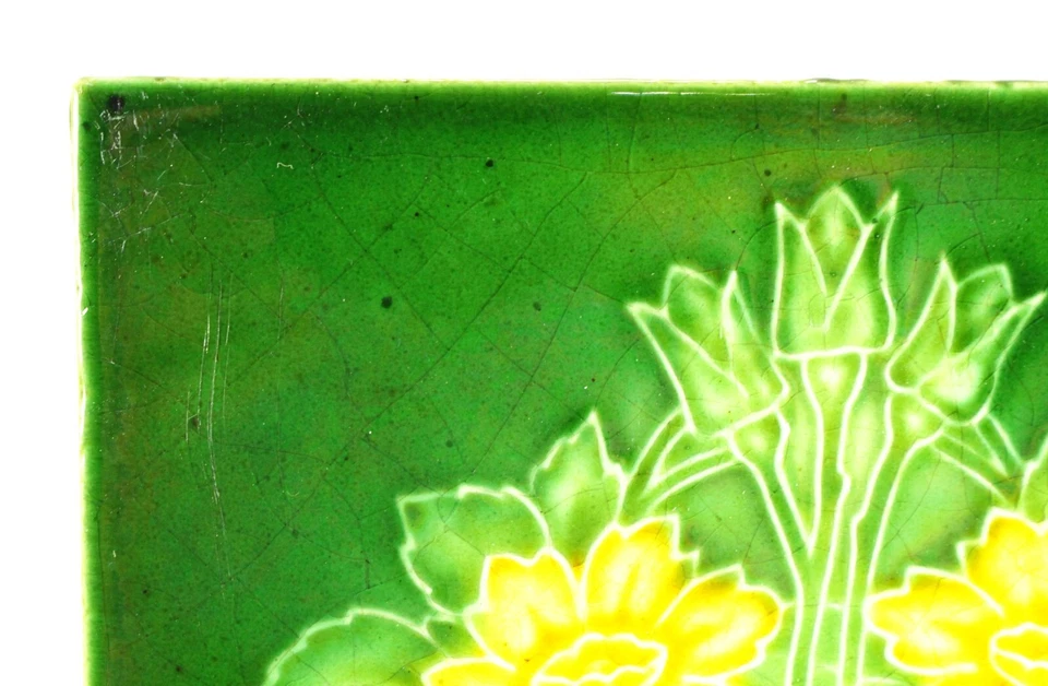 = Juego de 5 azulejos de mayólica floral Art Nouveau, verde con amarillo - chimenea o pared Foto 4 de 4