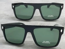 Men's Classic Vintage Retro Style SUNGLASSES Large Square Black Frame Green Lens