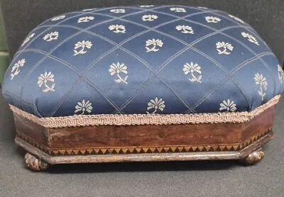 Buy Antique Footstool Blue Upholstered Padded Top