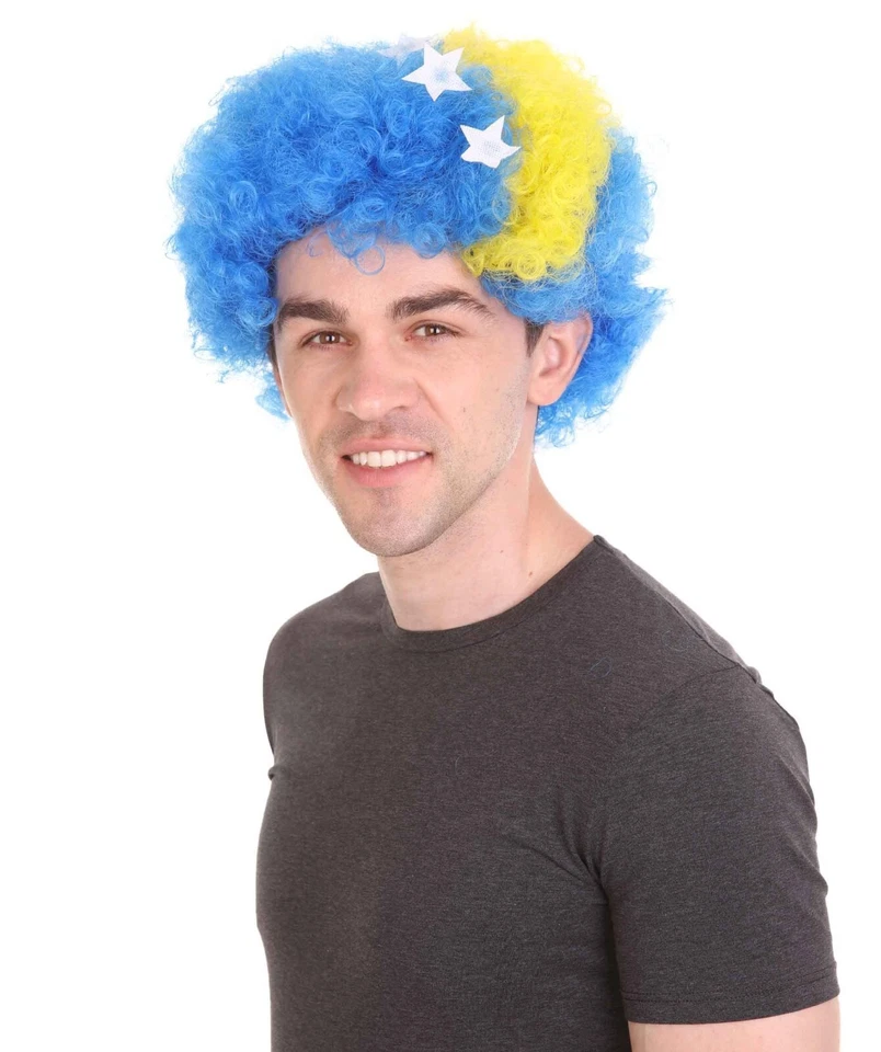 Peluca afro bandera patriótica de Bosnia, fibra sintética ignífuga, HM-728 Foto 2 de 4