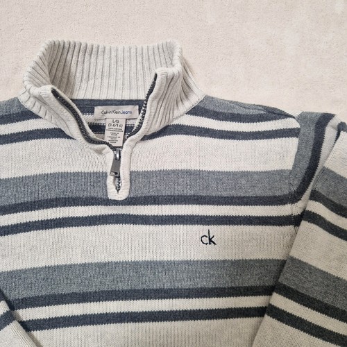 Calvin Klein Kids Unisex 1/4 Zip Mock Neck White Striped Knitted Sweater Size L - Picture 8 of 8