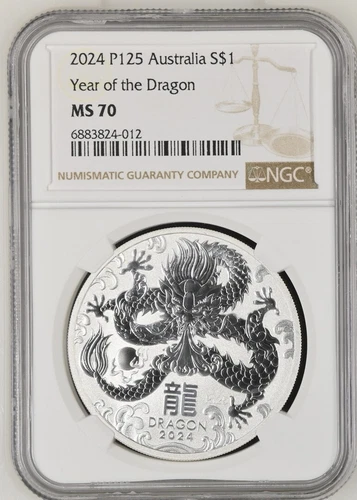 2024 P125 Australia S$1 Silver Lunar Year of the Dragon, NGC MS70