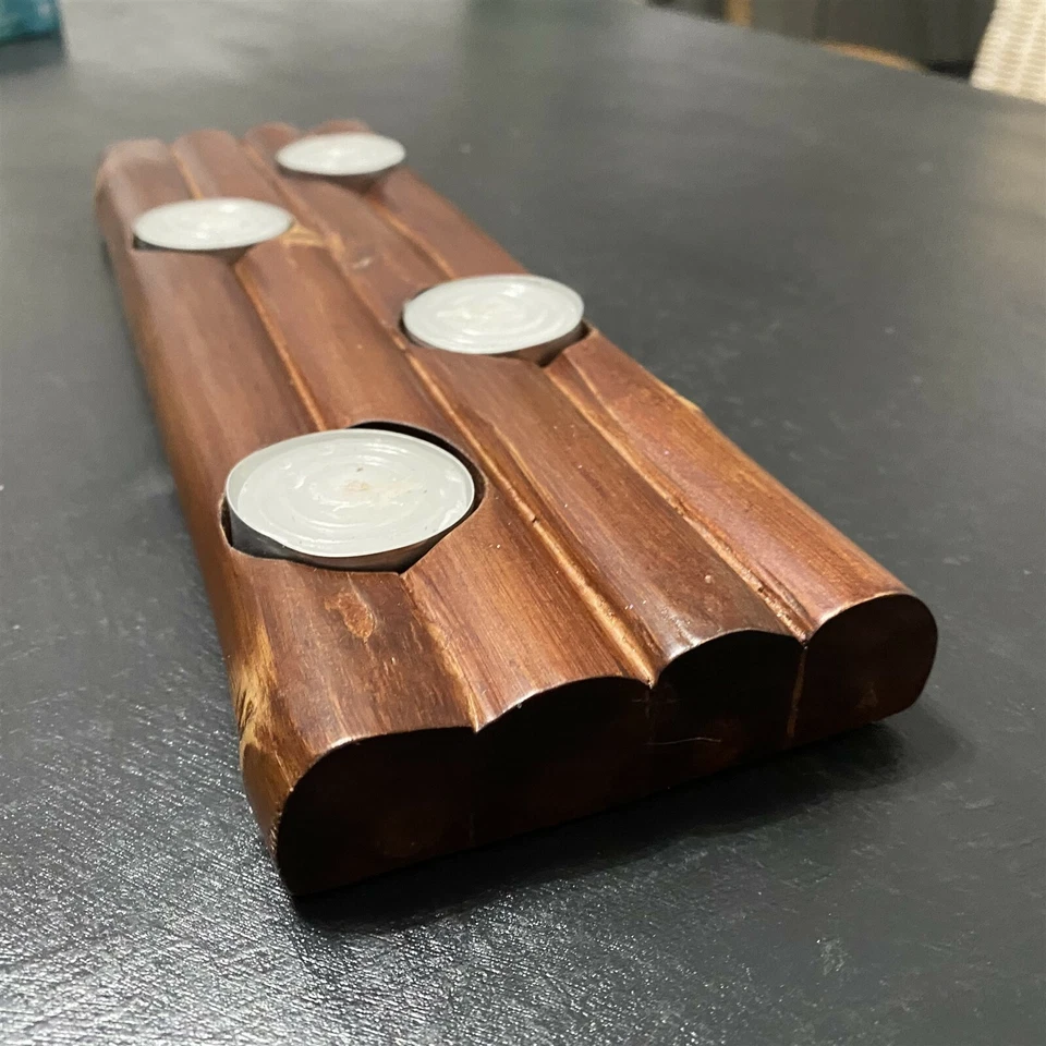 Wood Bamboo Look Tea Light Candle Holders Holds 4 Candles Rustic  - Image 3 of 4