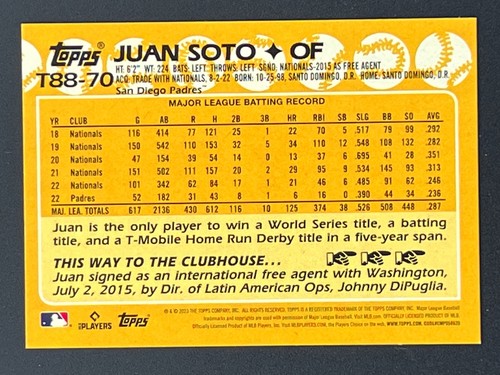 JUAN SOTO 2023 Topps Series 1 1988 Anniversary #T88-70 Padres - Picture 2 of 2