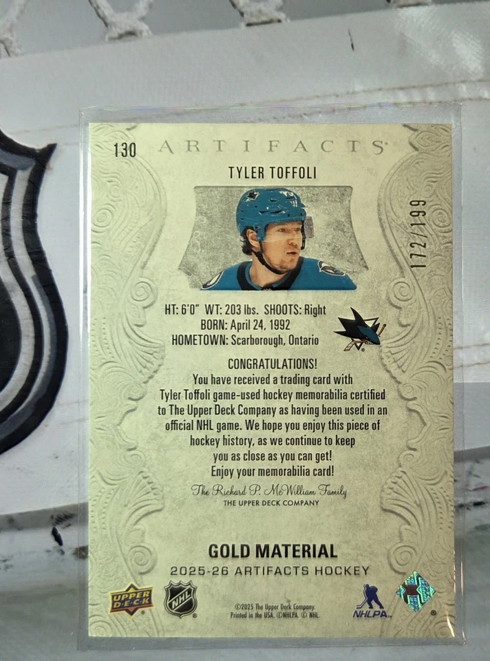 2025-26 UD Artifacts Gold Material Dual Patch /199 Tyler Toffoli San Jose Sharks - Image 2 of 2