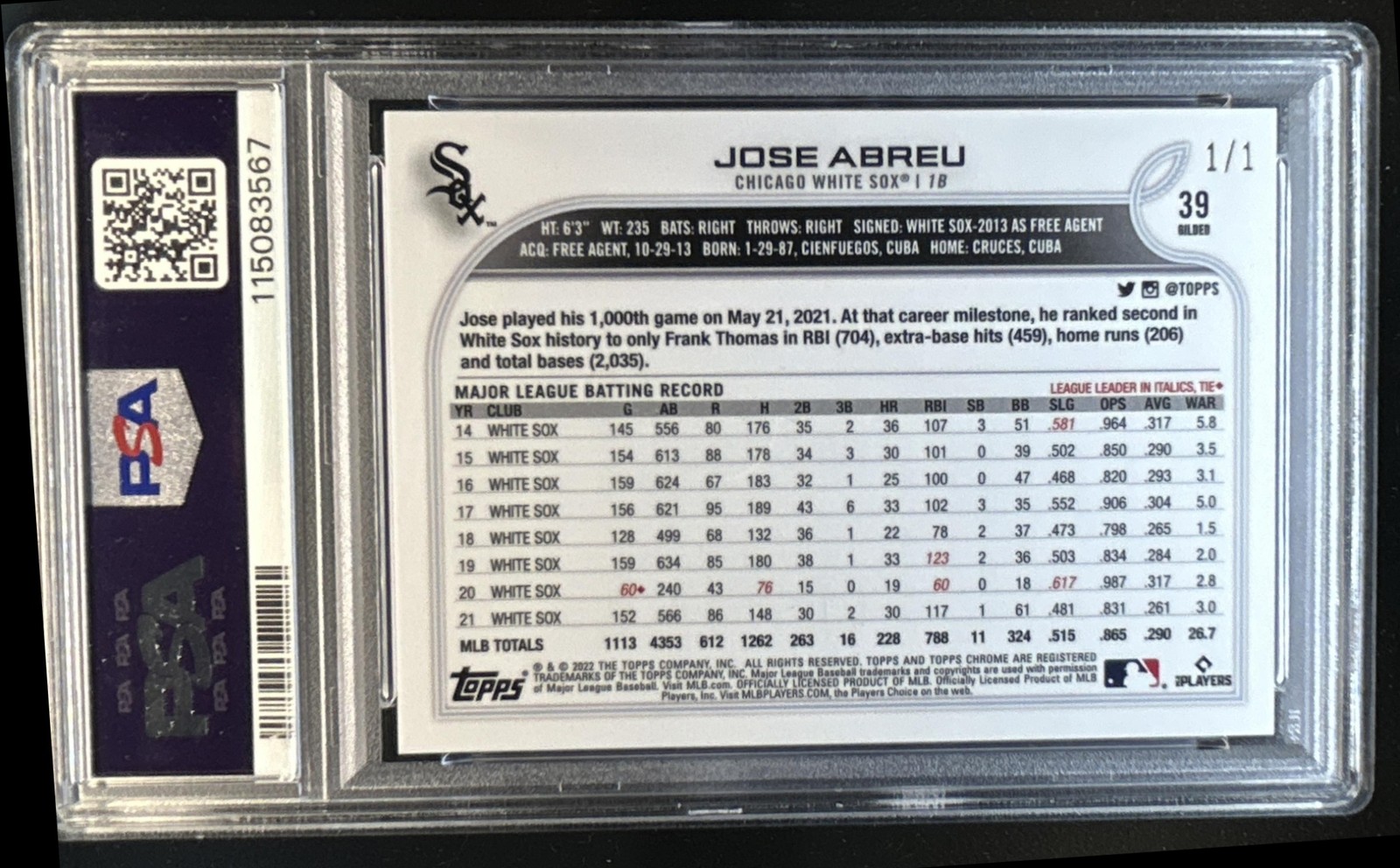 2022 Topps Gilded Collection Jose Abreu SuperFractor #1/1 White Sox PSA 10 view 2