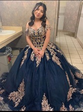 Quince Dress. Navy Blue With Gold. Comes With Bow For Back Of Dress.