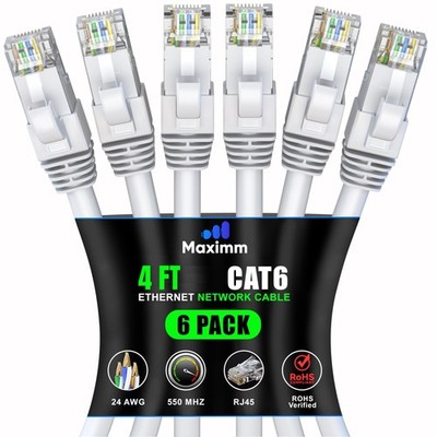 6-Pack Cat 6 Ethernet Cable 4 ft 10Gbps 550MHz High-Speed LAN Cord White