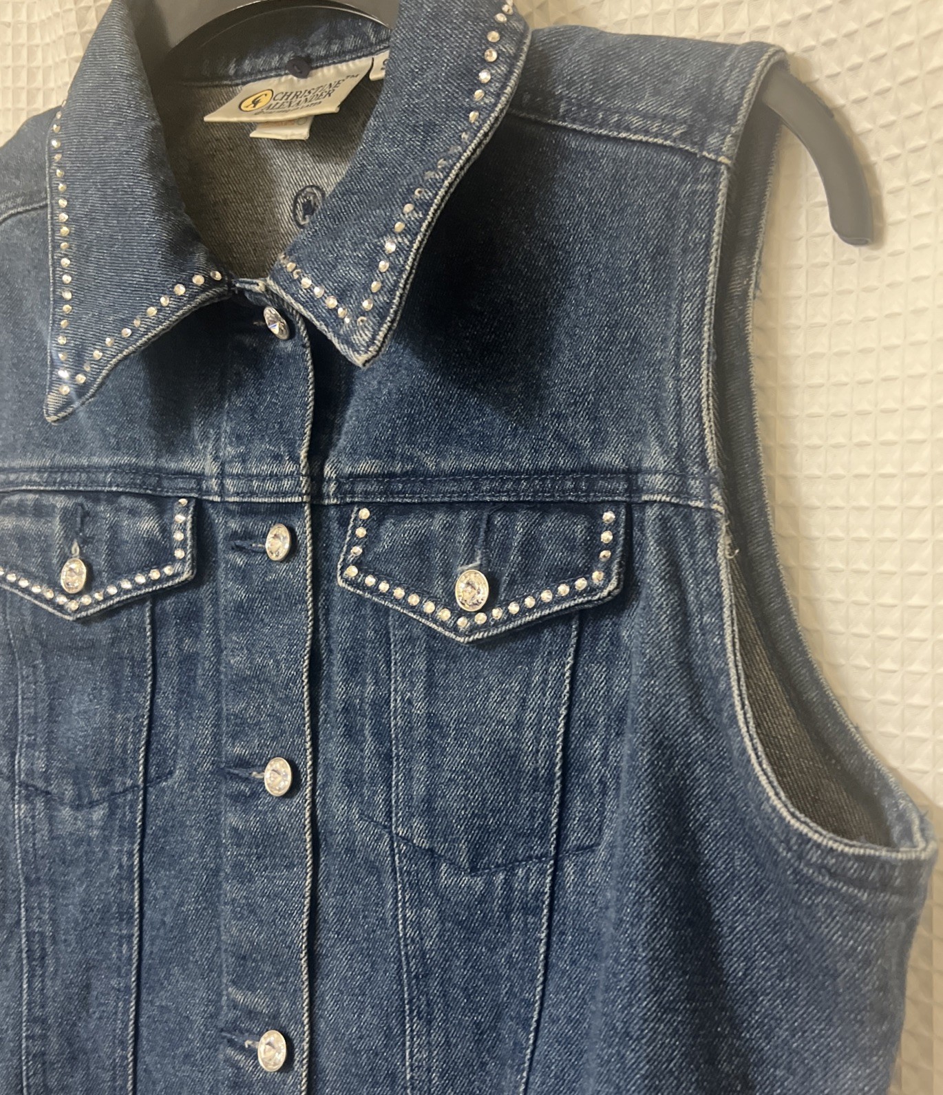 Vintage Christine Alexander Vest Womens SZ S Swarovski Crystals Denim Jean Bling