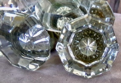 Victorian Era Octagon Shaped Set of Eight Clear Faceted Crystal Door Knobs